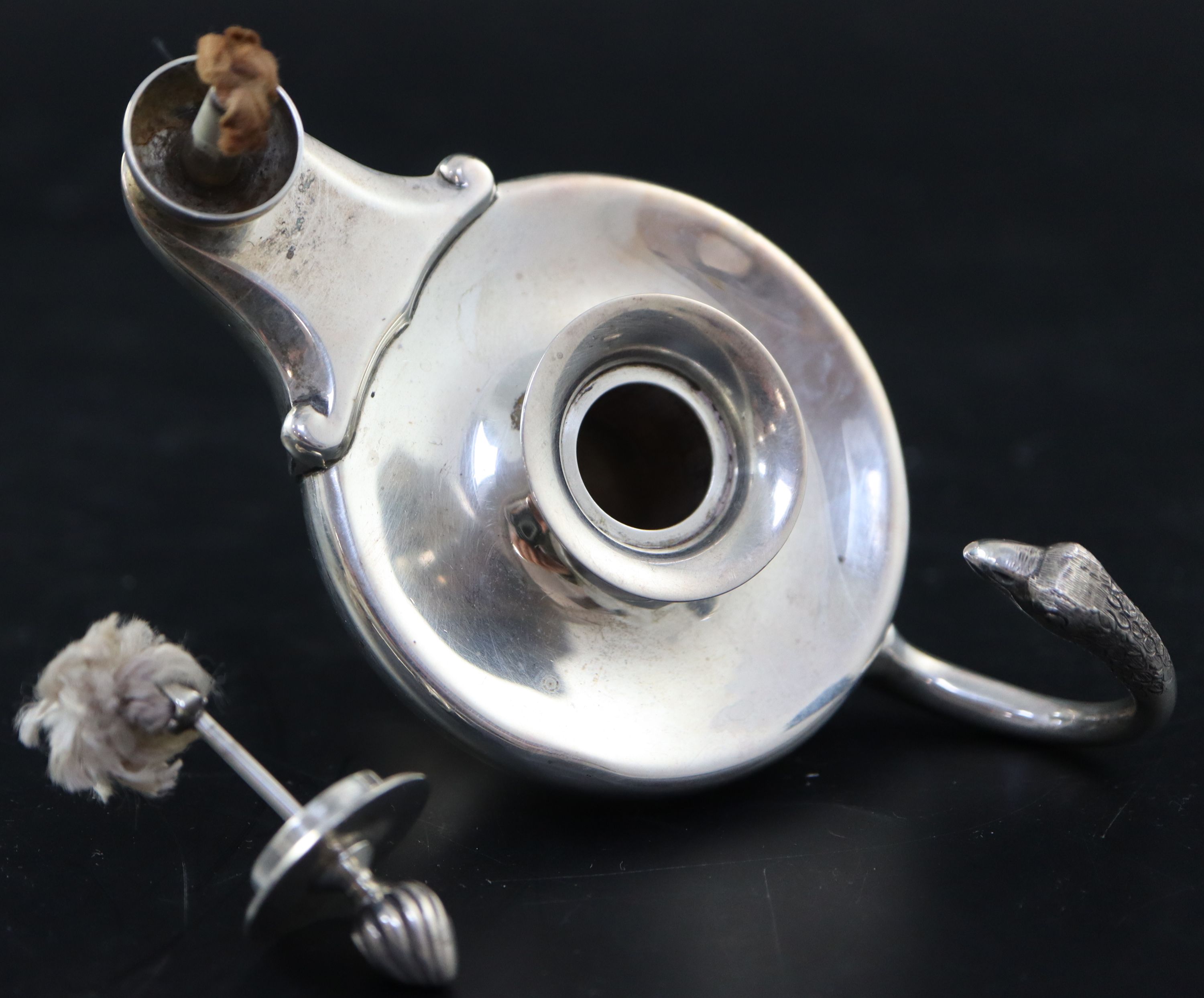 A George V silver Aladdins Lamp club lighter, length 13cm, gross 138 grams.